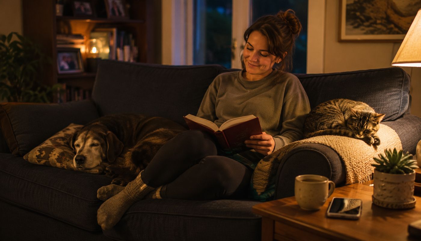 A pet sitter reading on the couch in the evening with a senior Labrador asleep against her leg and a cat curled on the armrest