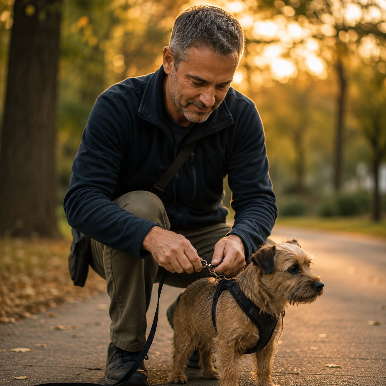 An experienced dog walker in his 50s kneeling to clip a leash onto a small terrier's harness on an autumn park path