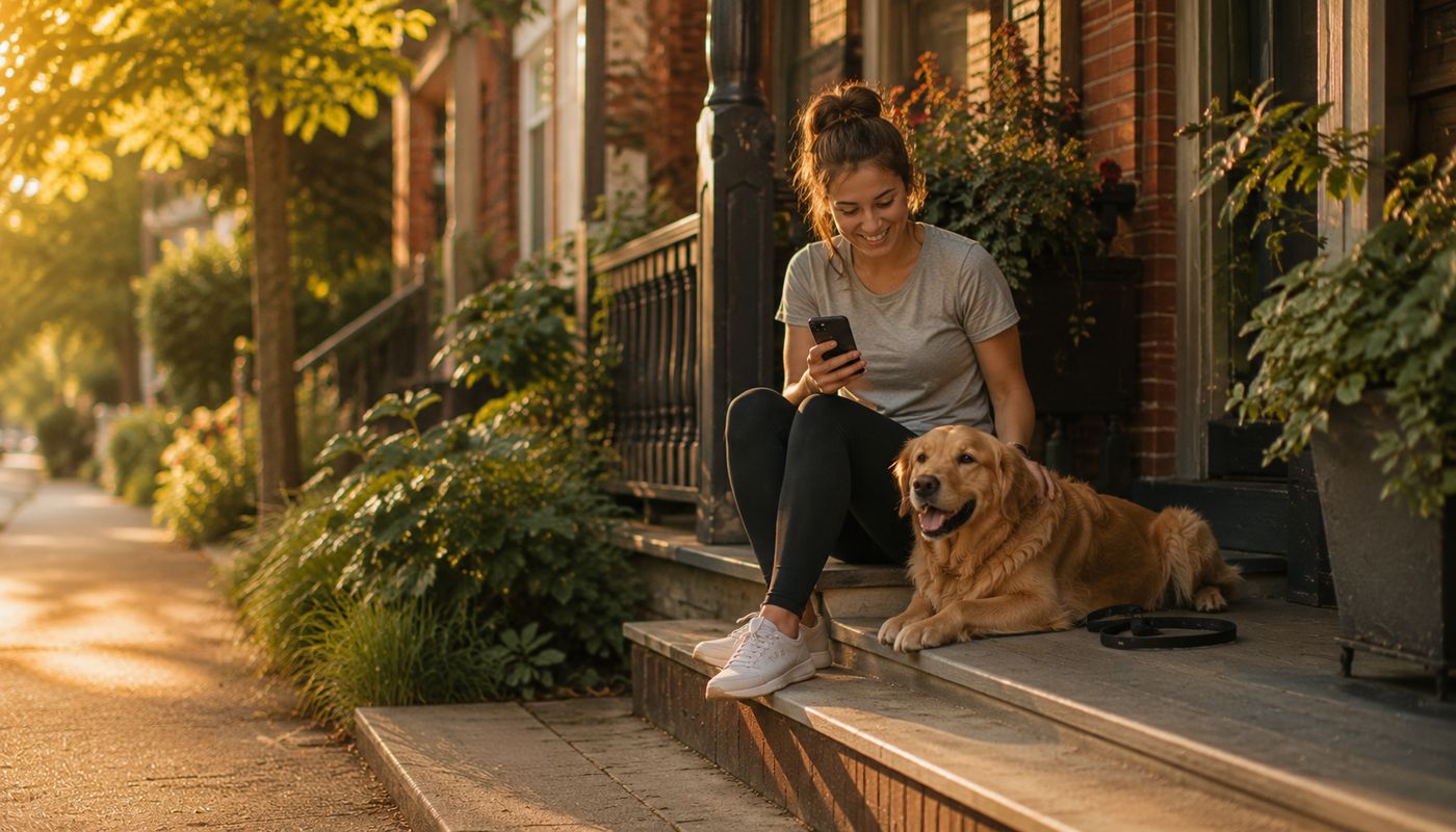 A pet owner sitting on her front porch smiling at a walk report on her phone, her golden retriever resting beside her
