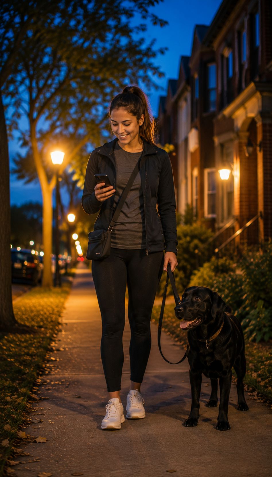 A dog walker at dusk checking her phone with a calm black Labrador on a quiet residential street, streetlights just turning on